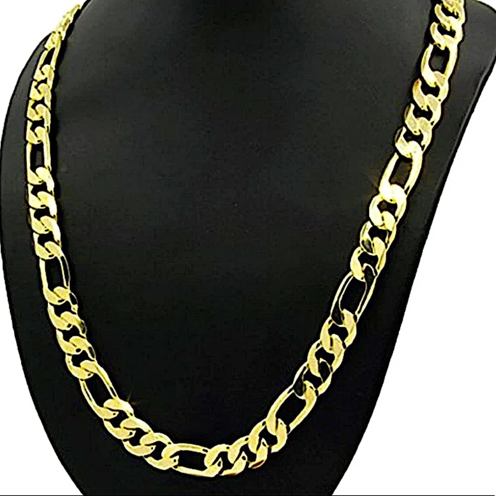 18K GOLD PLATED CUBAN FIGARO CHAIN LINK UNISEX NECKLACE BRACELET SET - Picture 10 of 14